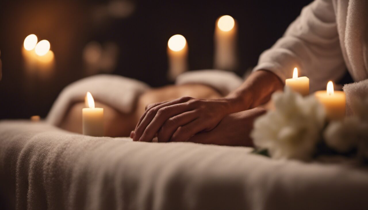 A man enjoys a Tantra erotic massage in Istanbul parlor surrounded by soft candlelight, creating a serene and tranquil atmosphere.